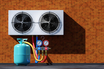 Split equipment. Refueling air conditioner. Split system unit on brick wall. Cylinder with freon and pressure sensors. Concept of selling split equipment. Refrigerant or ozone ballon. 3d image.