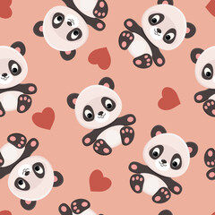 Cute panda with hearts seamless wallpaper. Vector seamless pattern.