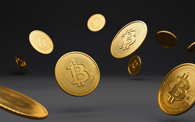 Falling bitcoins on grey background