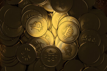 Pile of Bitcoin in the dark light.