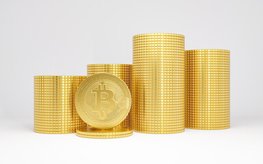 Stacks of golden bitcoin coins on white background.