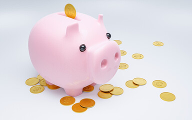 Piggy bank with bitcoin on white background. Saving BTC.