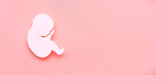 Paper silhouette of a human embryo on a lilac background. The concept of reproduction. Banner, flat...