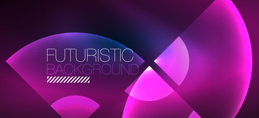 Abstract background with neon glowing light effects. Round shapes, triangles and circles. Wallpaper for concept of AI technology, blockchain, communication, 5G, science, business and technology