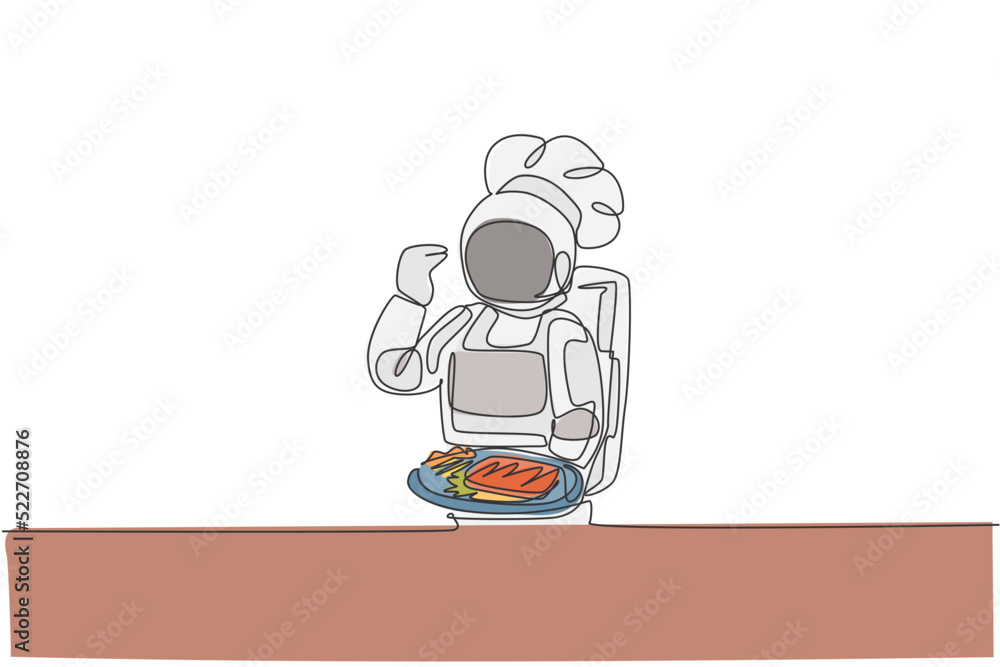 Poster single continuous line drawing of astronaut chef serving delicious steak food in outer space cafe. h