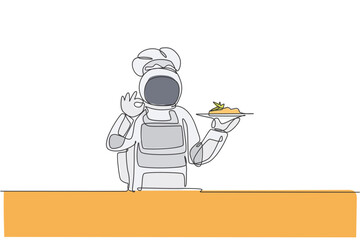One single line drawing of young astronaut giving okay hand gesture for tasty food, cafe restaurant vector illustration. Delicious space galaxy dish concept. Modern continuous line draw graphic design