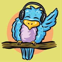 Funny Cartoon Blue Bird On a Branch Listening to Music on Headphones Cartoon Mascot Illustration