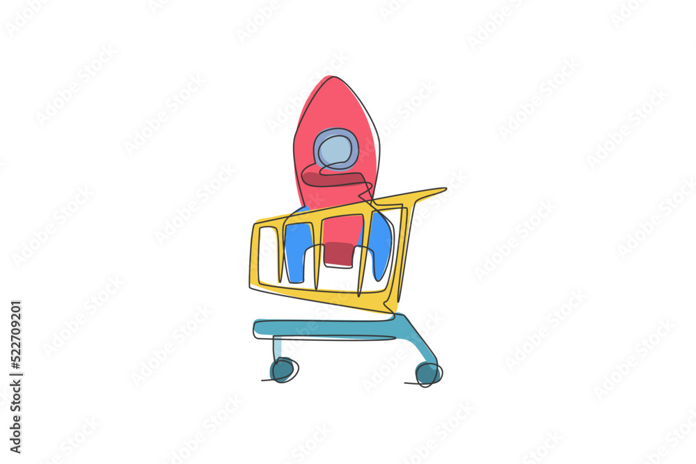 Poster one continuous line drawing of rocket toys inside shopping cart. sale product concept. dynamic singl