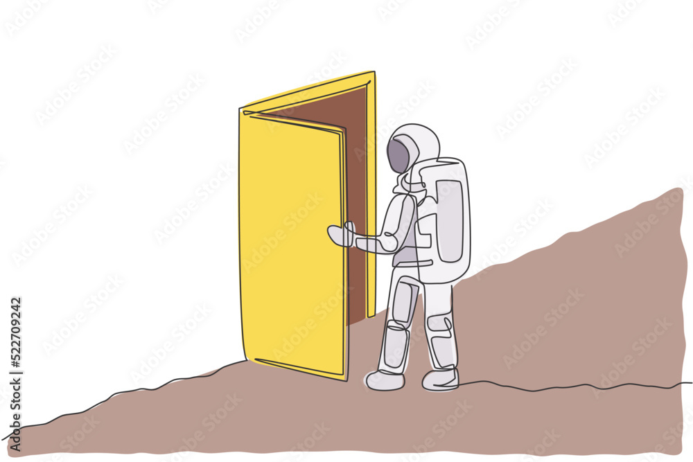 Poster single continuous line drawing of astronaut entering open door gate into new dimension in moon surfa
