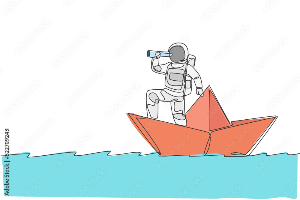 Poster one single line drawing young astronaut look at forward using telescope while standing on paper boat