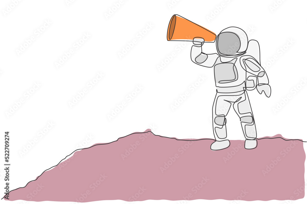 Poster one single line drawing of young astronaut holding paper speaker to announce loudly some rules in mo