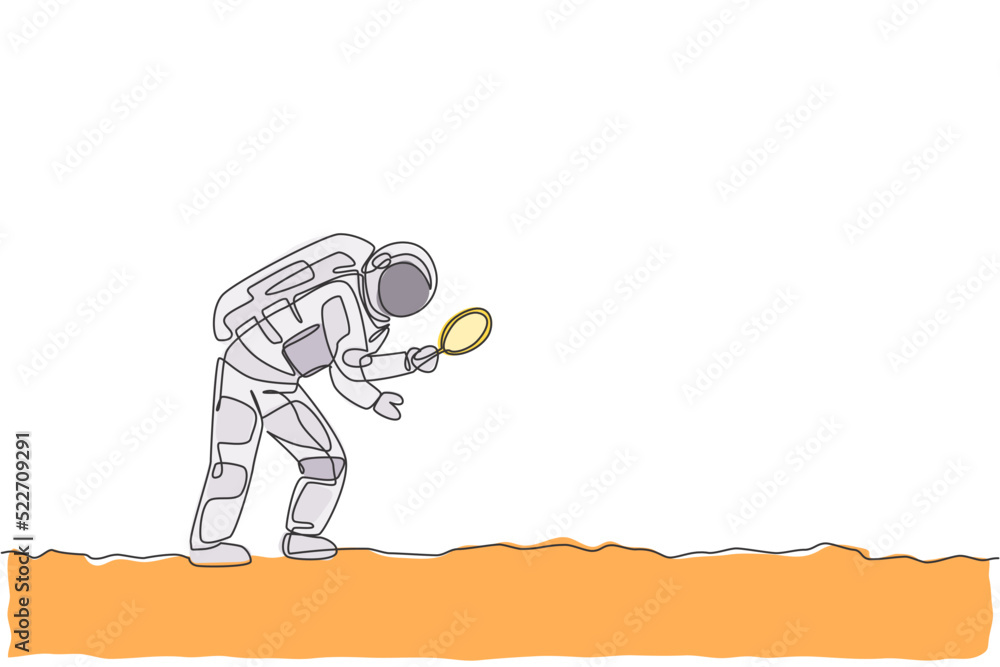 Poster one continuous line drawing of young astronaut holding magnifier and search for foot trace in moon s
