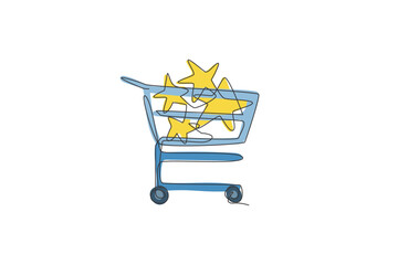 One continuous line drawing of stars toys inside shopping trolley. Sale market concept. Dynamic single line draw design vector graphic illustration