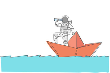 Obraz premium One single line drawing young astronaut look at forward using telescope while standing on paper boat in sea ocean graphic vector illustration. Cosmonaut deep space concept. Continuous line draw design