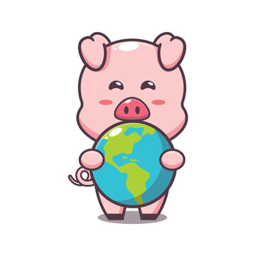 Cute pig cartoon vector illustration hugging earth