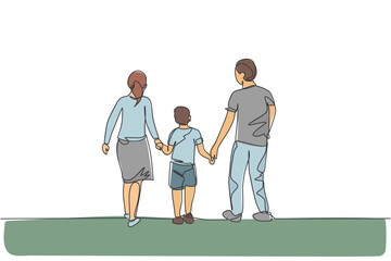 One single line drawing of young happy mother and father lead their son walking together, holding his hands graphic vector illustration. Parenting education concept. Modern continuous line draw design