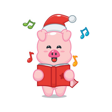 Cute christmas pig sing a christmas song. Cute christmas cartoon illustration.
