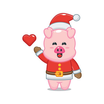 Cute christmas pig wearing santa costume. Cute christmas cartoon illustration.