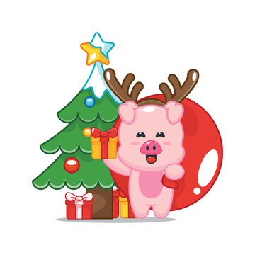 Cute christmas pig carrying christmas gift. Cute christmas cartoon illustration.