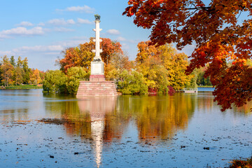 Chesme column on island of Grand pond in autumn in Catherine park, Tsarskoe Selo, Saint Petersburg,...