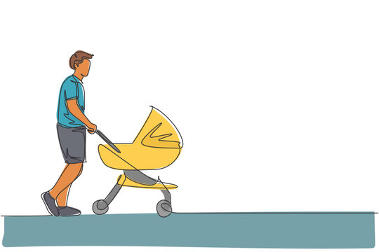 One single line drawing of young happy father pushing baby trolley at outdoor park vector graphic illustration. Parenting education concept. Modern continuous line draw design