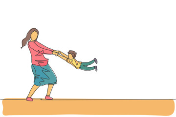 One single line drawing of young happy mother lifting and spinning her son up in the air at home vector illustration. Parenting education. Family parenthood concept. Modern continuous line draw design