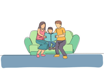 Single continuous line drawing young mom and dad sitting on sofa and reading a story book to their son at home. Happy family parenting concept. Trendy one line draw design vector graphic illustration