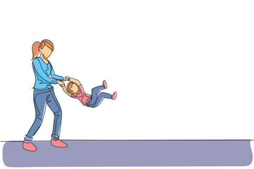 Single continuous line drawing of young mom playing with her son at home, lifting and swinging at home, parenthood. Family parenting concept. Trendy one line draw design vector illustration graphic