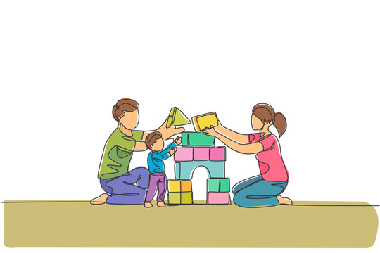 One Continuous Line Drawing Of Young Happy Mother And Father Playing With Son Building House From Foam Puzzle Blocks Toy At Home. Family Parenting Concept. Single Line Draw Design Vector Illustration