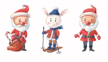 Watercolor Santa Clauses and White Rabbit. Christmas and New Year