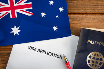 Visa application form, passport and flag of Australia