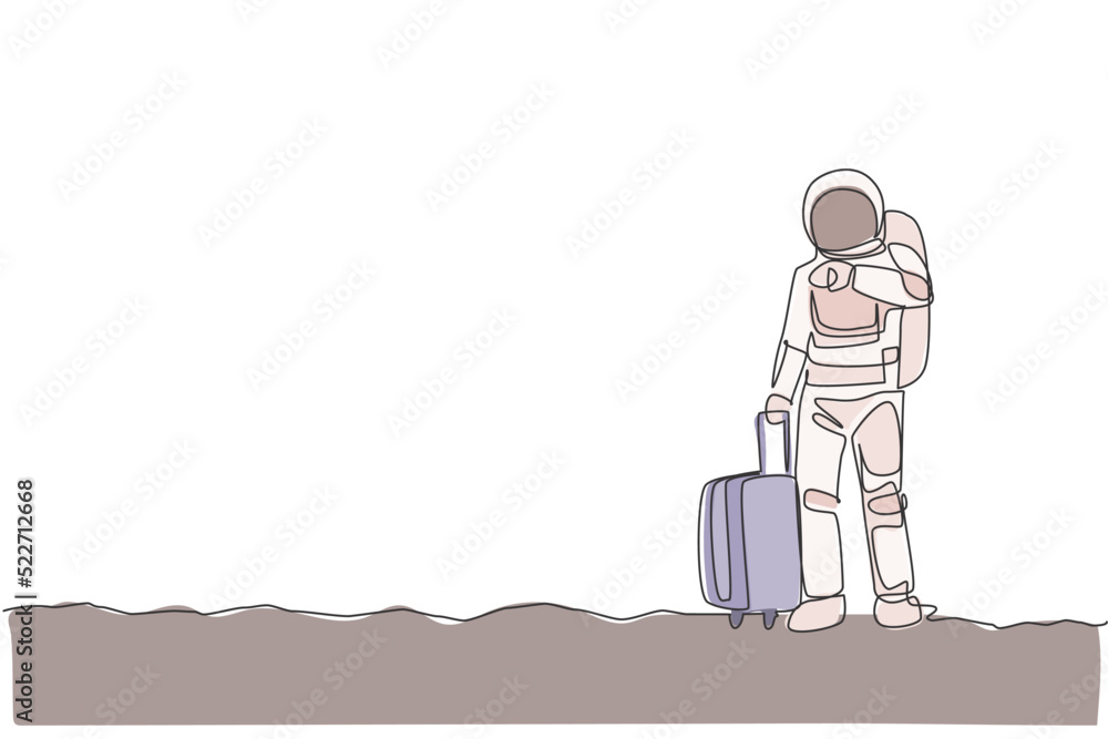 Poster one single line drawing astronaut looking to his wristwatch waiting for public transport in moon sur