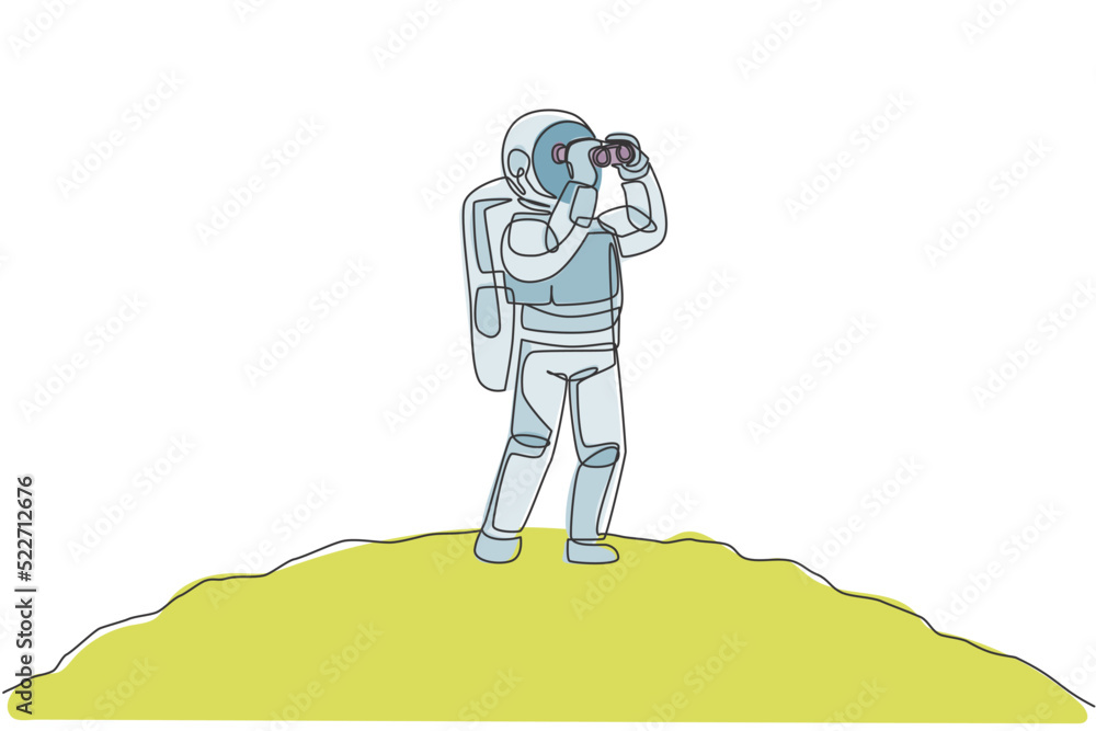 Poster one single line drawing of young happy astronaut enjoying to see scenery using binocular in moon sur