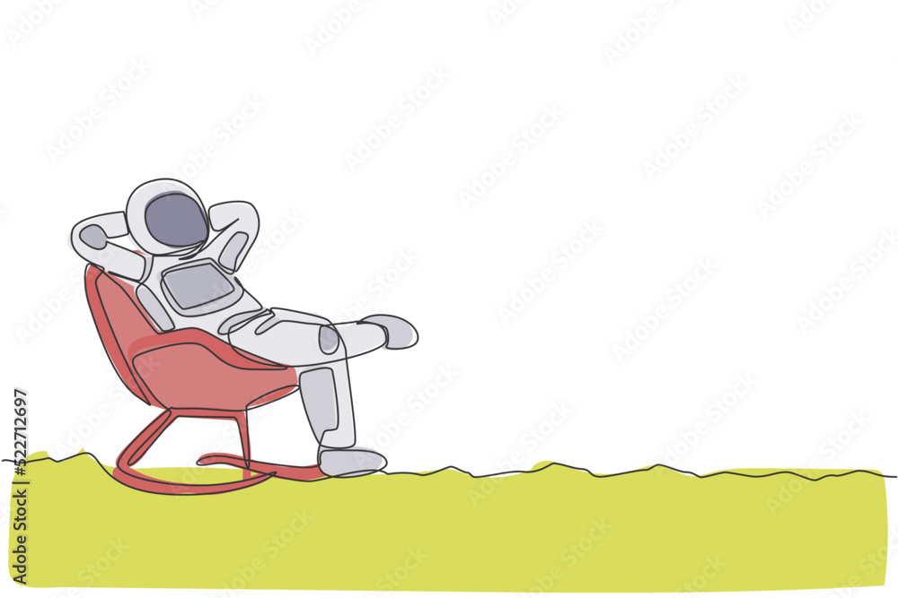 Poster one continuous line drawing of young happy astronaut sleeping relax on reclining chair in moon surfa