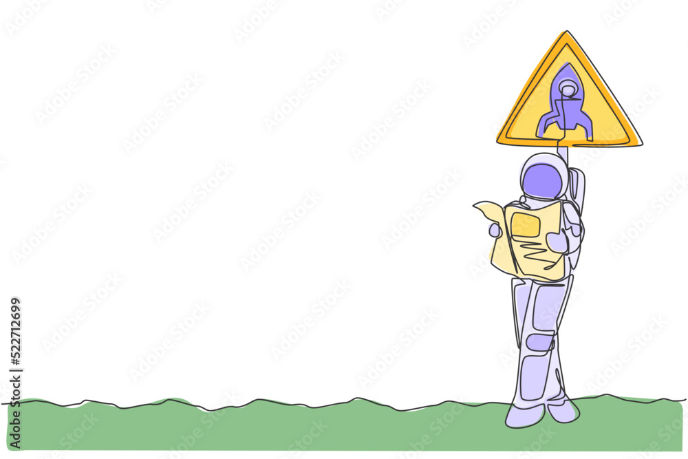 Poster one continuous line drawing of astronaut standing and leaning to sign board while reading newspaper 
