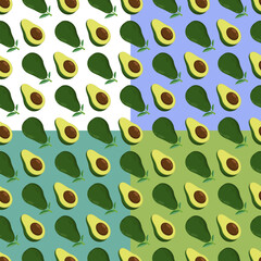 Set of seamless patterns with avocado fruit whole and cut with large pit. Ornament for decoration and printing on fabric. Design element. Vector