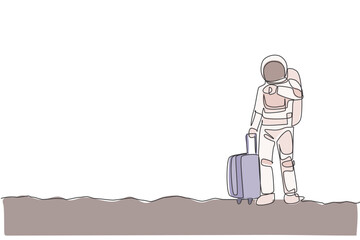 One single line drawing astronaut looking to his wristwatch waiting for public transport in moon surface vector graphic illustration. Cosmonaut outer space concept. Modern continuous line draw design