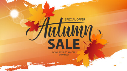 Autumn Sale promotional banner. Fall season special offer background with hand lettering, autumn leaves and white brush strokes for business, seasonal shopping and advertising. Vector illustration. - obrazy, fototapety, plakaty