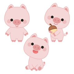 Set of three cute pigs in kawaii style. One is standing, the second is sitting, the third is holding a acorn. 