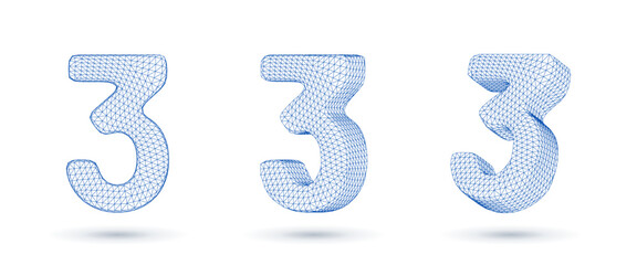 Number three wireframe high polygonal outline low poly style vector illustration