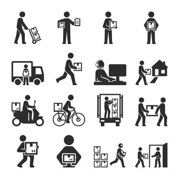 Parcel delivery icons set. Shipping company, courier service, post office. People and box. Different types of delivery. Monochrome black and white icon