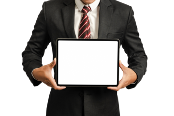 Businessman holding blank digital tablet with clipping path for the screen.illustration vector Ai.PNG..