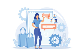 Brand advocate Brand attorney, digital marketing, internet, trademark advocacy strategy, positive image creation, social media comments flat design modern illustration