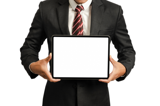 Businessman holding blank digital tablet with clipping path for the screen.illustration vector Ai.PNG..
