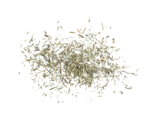 Tasty aromatic dry dill on white background, top view