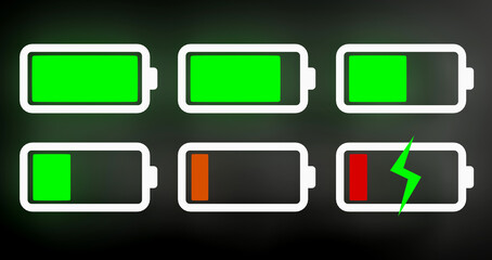 Discharged and various level energy batteries infographic set on white background, 3d illustration