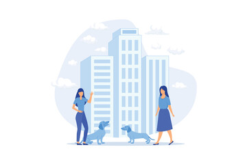 Pet in the big city Keeping animal in apartment, pet walking place, dogs convenient city, rules and regulations, cleaning outdoor facility flat design modern illustration