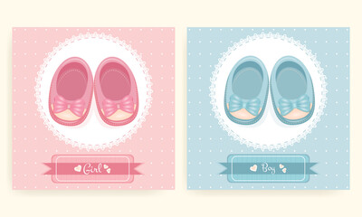 Baby shower, cute illustration with baby booties for cover, postcards, invitations