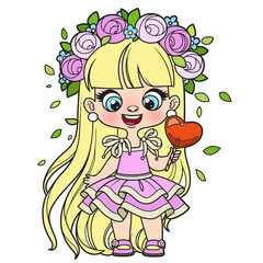 Cute cartoon longhaired girl with heart shape candy in hand color variation for coloring page on a white background