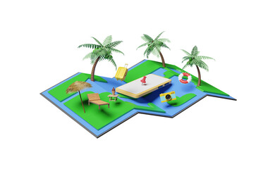 3d mobile phone, smartphone with map, pin, umbrella, palm tree, camera, suitcase, lifebuoy, beach chair isolated. abstract background, map earth, summer travel concept, 3d render illustration